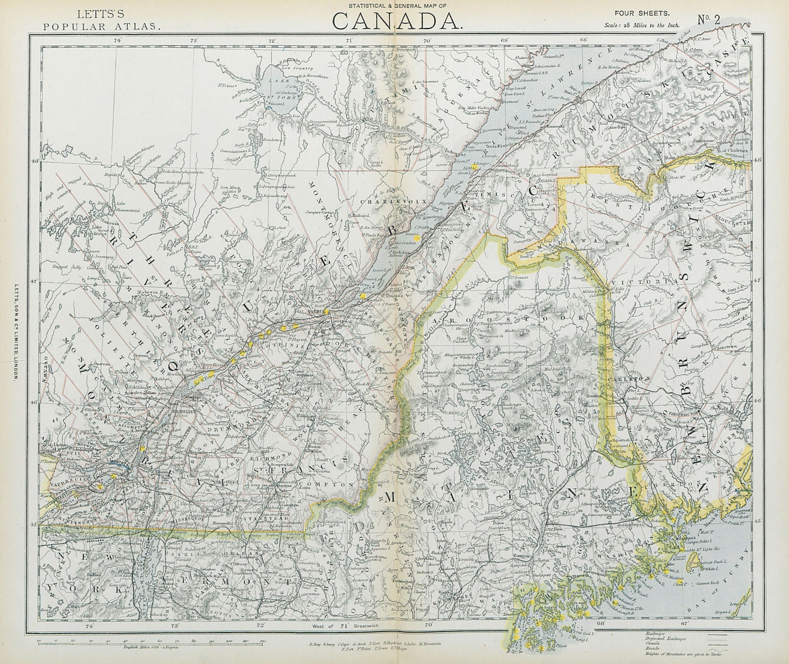 QUEBEC Québec. St Lawrence lighthouses. Maine. New Brunswick. LETTS 1883 map